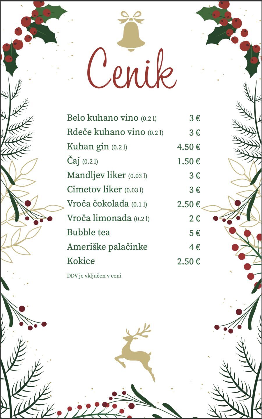 Kavarna Palmas, zimski cenik za stojnico